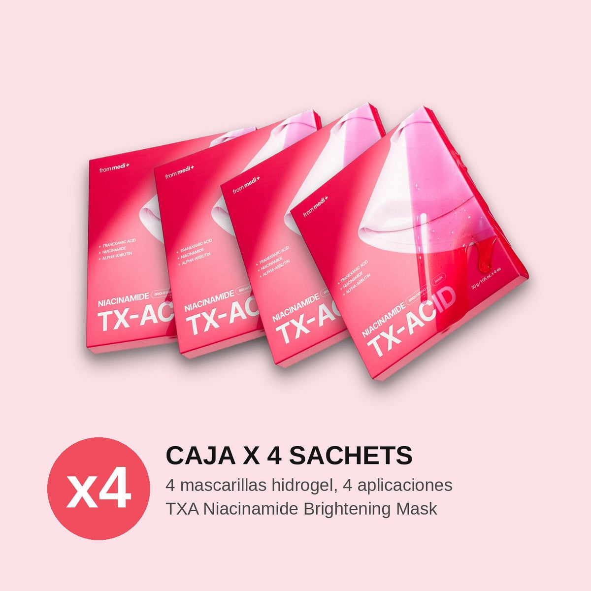 Caja x 4 sachets TXA Niacinamide Brightening Mask de from medi+, cuatro mascarillas hidrogel