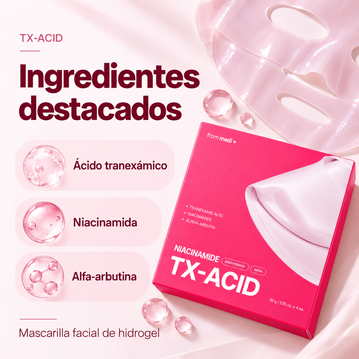 TXA Niacinamide Brightening Mask de from medi+, mascarilla hidrogel iluminadora